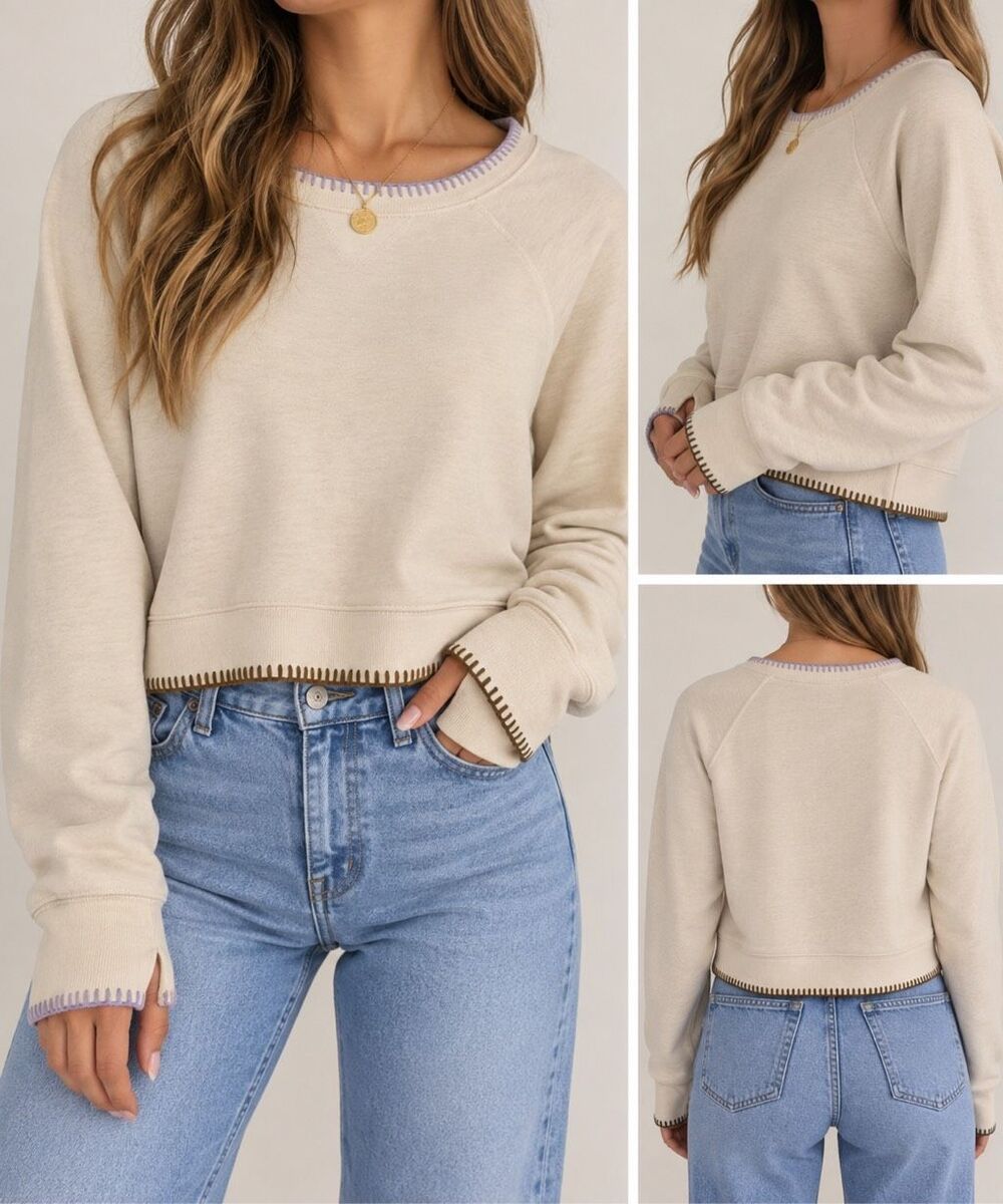 Madewell Cream Sweatshirt Small Contrast Stitch Thumbhole Pullover